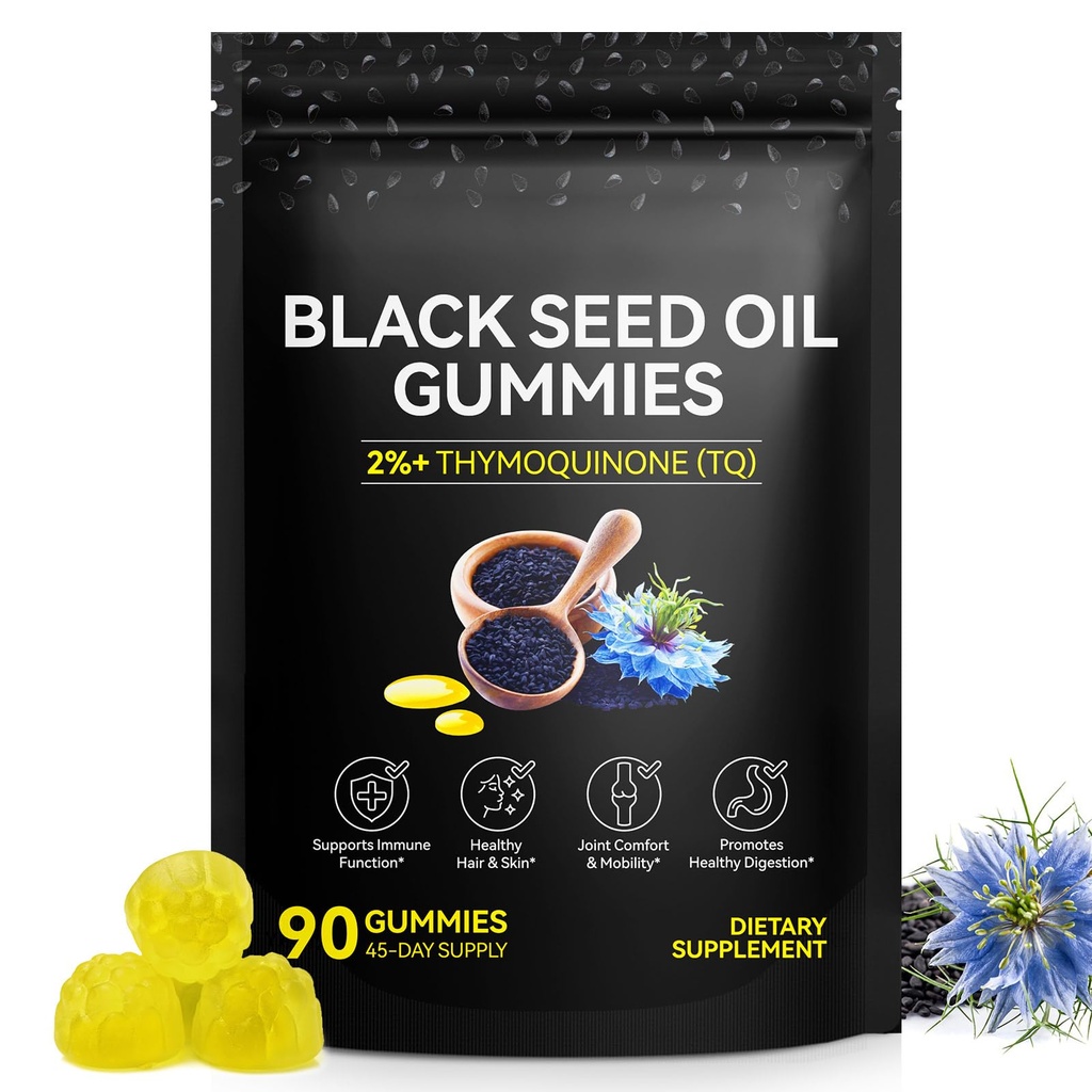 Black Seed Oil Gummies,Contains 500mg of Cold-Pressed Black Seed Oil,Promotes Digestion | Gluten Free | Non-GMO | Pectin Base,Hair Strength & Skin Hydration,90 Gummies