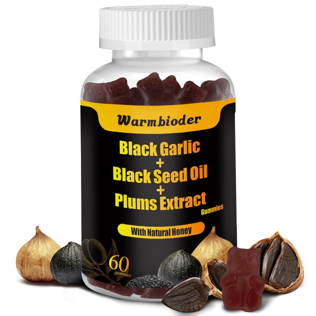 Black Garlic Black Seed Oil Gummies,with Honey Vitamin C Plums Extract,Overall Health,Non-GMO & Vegan,Black Garlic Flavored