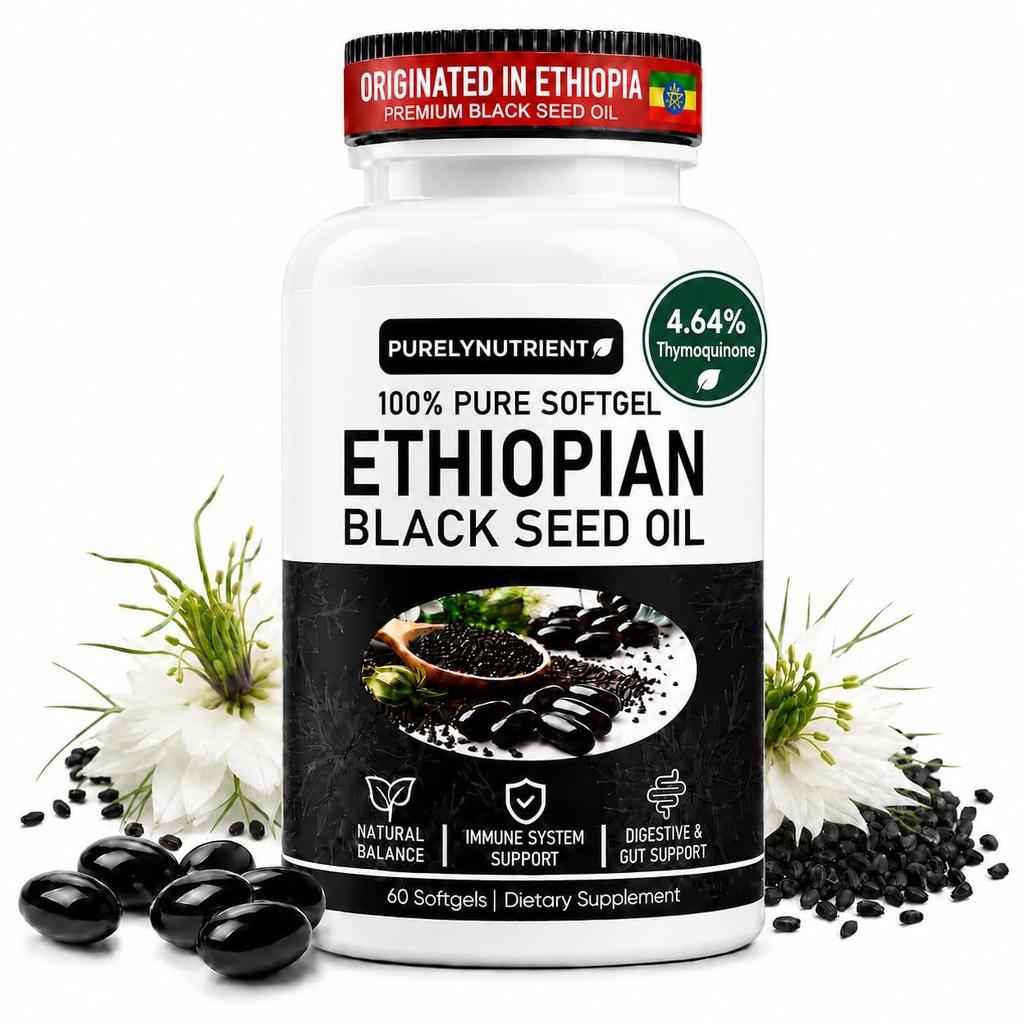 Ethiopian Black Seed Oil Softgels: 4.64% Thymoquinone - Cold-Pressed Black Seed Oil Capsules - Non-GMO and Gluten-Free for Daily Immune & Digestive Support 60 Softgels