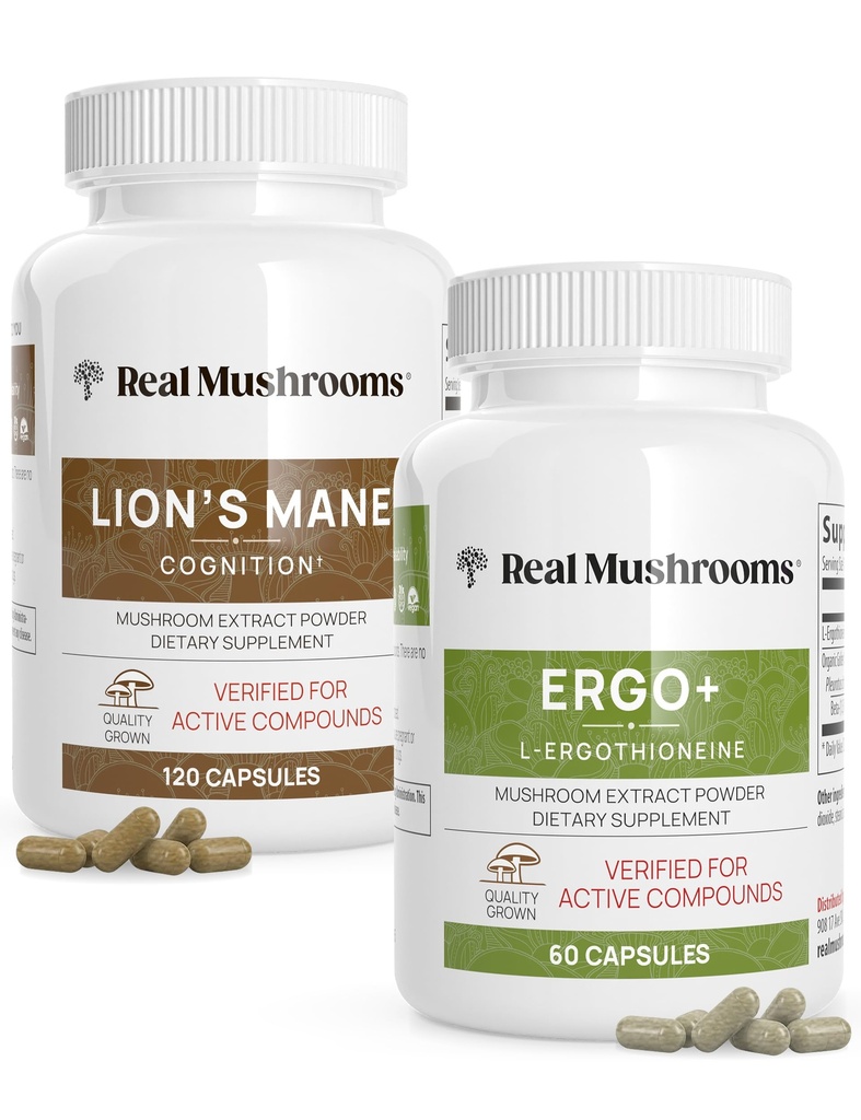 Real Mushrooms Ergothioneine (60ct) and Lions Mane (120ct) Bundle with Shiitake and Oyster Mushroom Extracts - Longevity and Cognition - Vegan, Gluten Free, Non-GMO