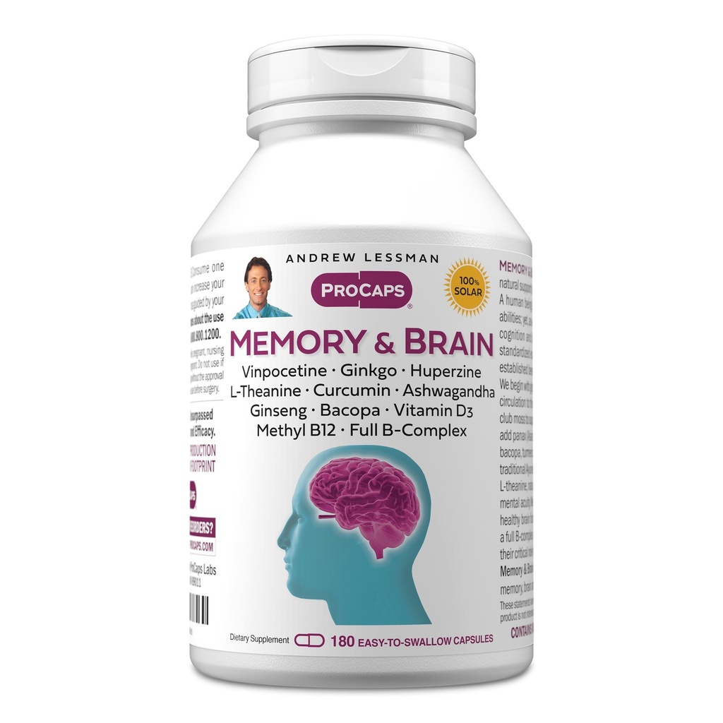 ANDREW LESSMAN Memory & Brain 180 Capsules – Naturally Supports Brain, Memory and Mental Acuity. with Ginkgo Biloba, Ashwagandha, Bacopa, Curcumin, Ginseng, B-Complex, Vitamin D3