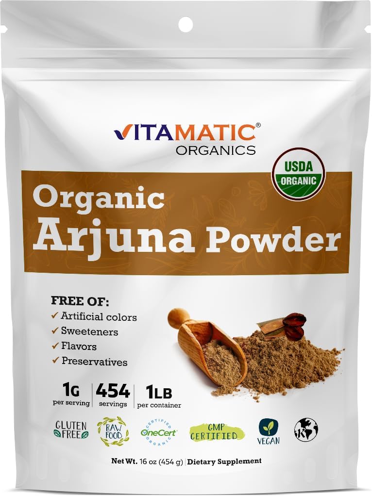 Vitamatic Certified USDA Organic Arjuna Bark Powder – 1 lb (16 oz) Pure Terminalia Arjuna Bark 