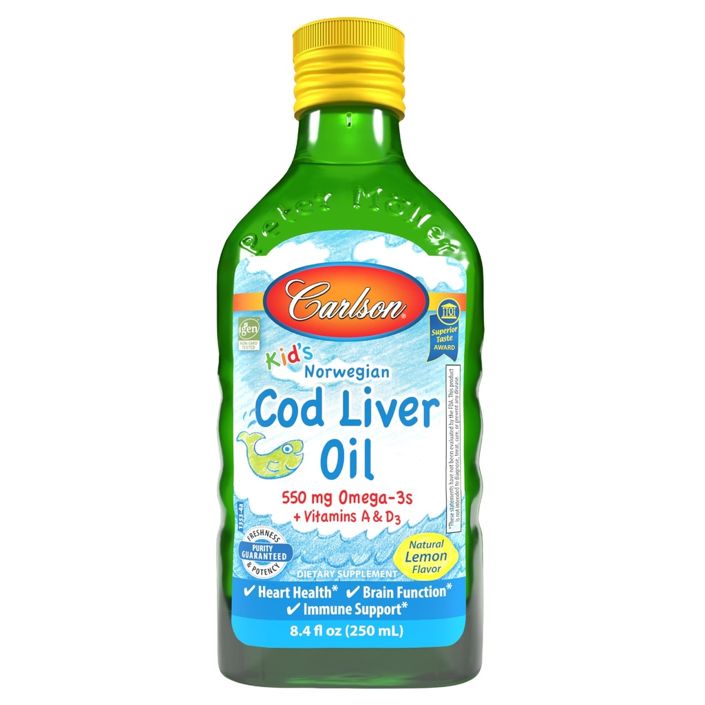 Carlson - Kid's Cod Liver Oil, 550 mg Omega-3s, Βιταμίνες A & D3, Wild Norwegian, Lemon, 250 mL