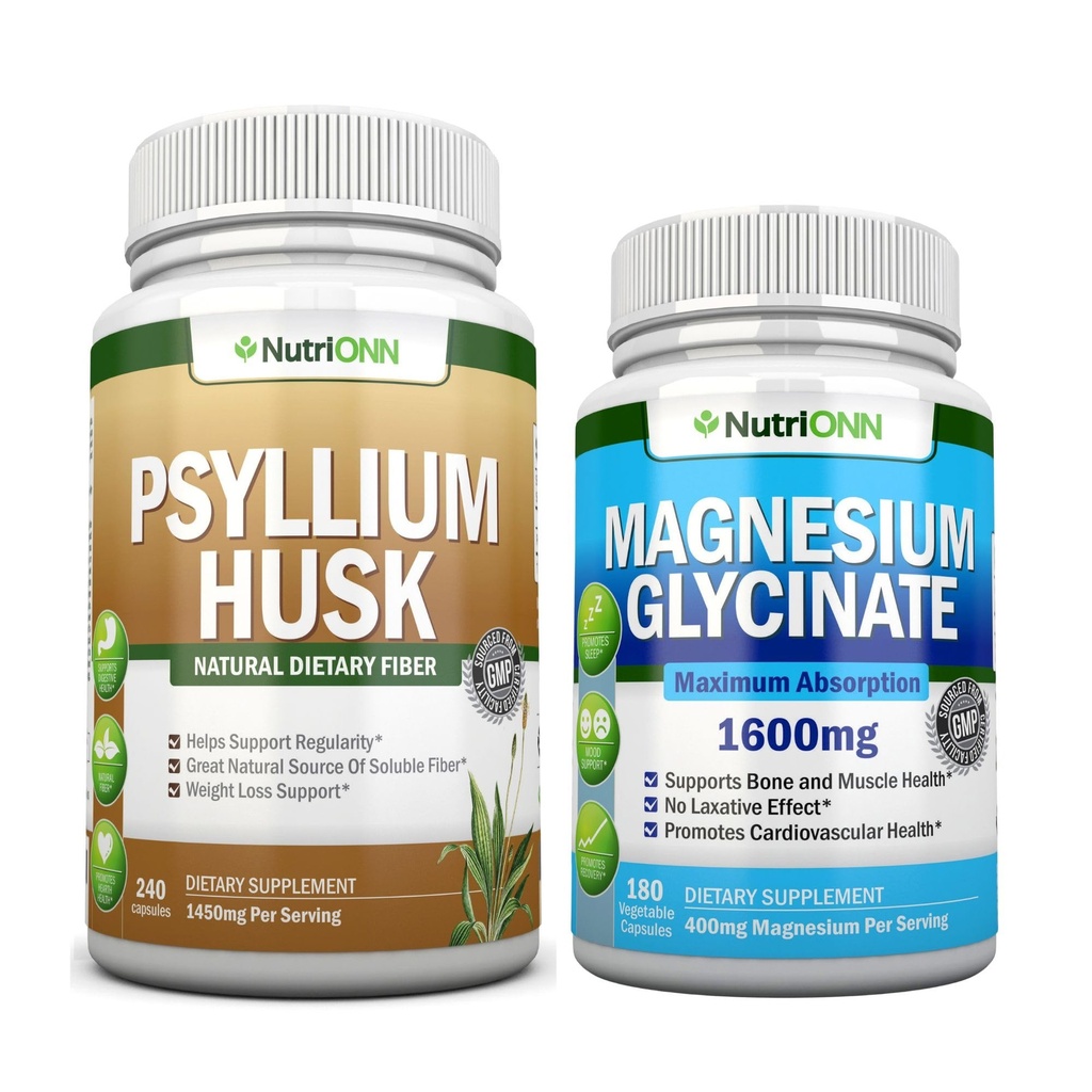 NutriONN Psyllium Husk & Magnesium Glycinate Combo - Targeted Support for Digestive Health & Muscle Relaxation