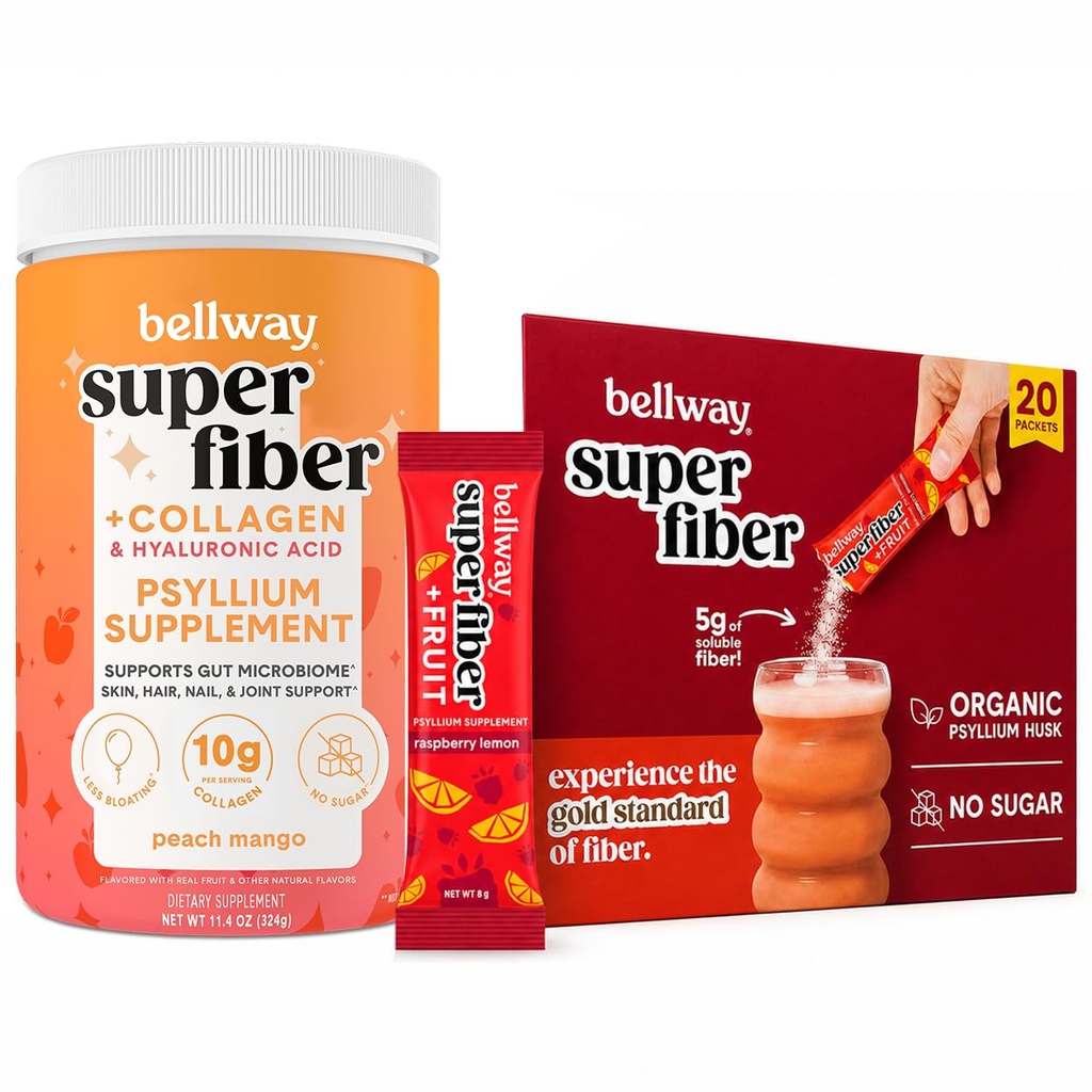 Bellway Super Fiber + Collagen Bundle, Psyllium Husk Powder with Collagen Peptides and Hyaluronic Acid Plus Fruit Fiber Packets, Sugar Free (20 Servings + 20 Packets)