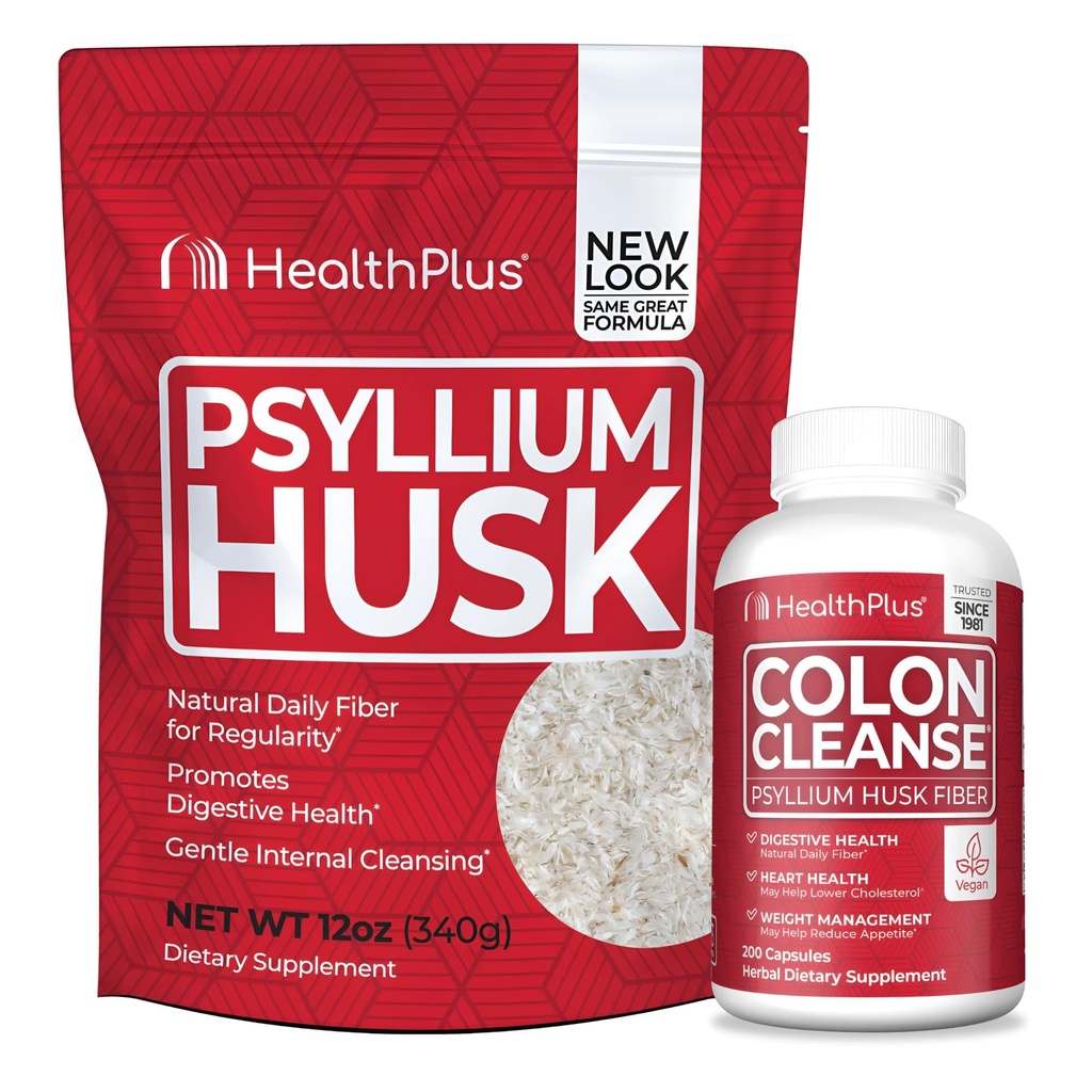 Health Plus Fiber & Cleanse Bundle – Psyllium Husk Powder & Colon Cleanse Capsules for Daily Detox, Constipation Relief, Gut Health & Heart Support – Natural Fiber Supplement Duo