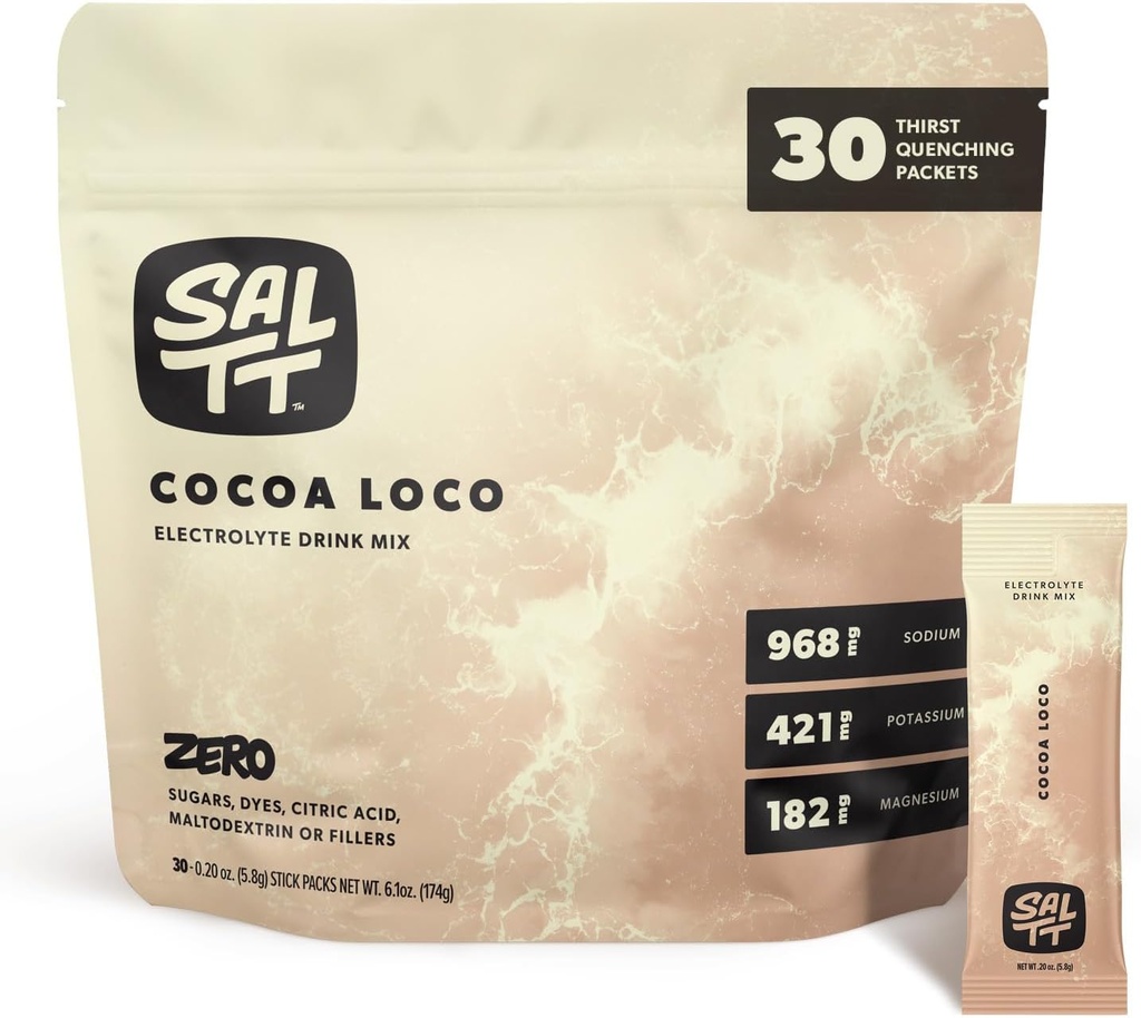 SALTT Ηλεκτρολυτές σκόνης αρωματικό ποτό Mix - Cocoa Loco - 30 πακέτα ενυδάτωσης - Μαγνήσιο, Κάλιο, Νάτριο, Ανιχνευτές - Μηδενική ζάχαρη & Χωρίς γλουτένη - Απαραίτητα ταξιδιού