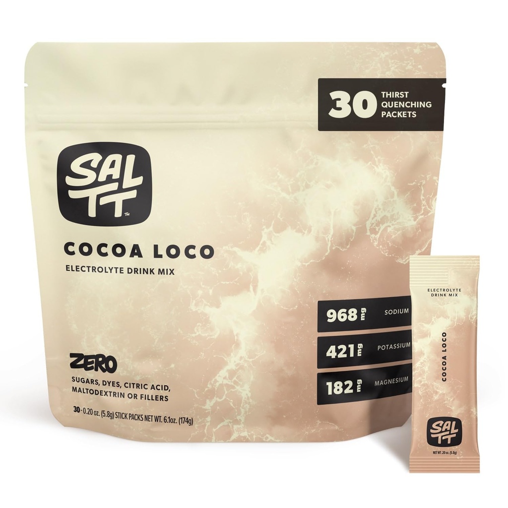 SALTT Ηλεκτρολυτές σκόνης αρωματικό ποτό Mix - Cocoa Loco - 30 πακέτα ενυδάτωσης - Μαγνήσιο, Κάλιο, Νάτριο, Ανιχνευτές - Μηδενική ζάχαρη & Χωρίς γλουτένη - Απαραίτητα ταξιδιού