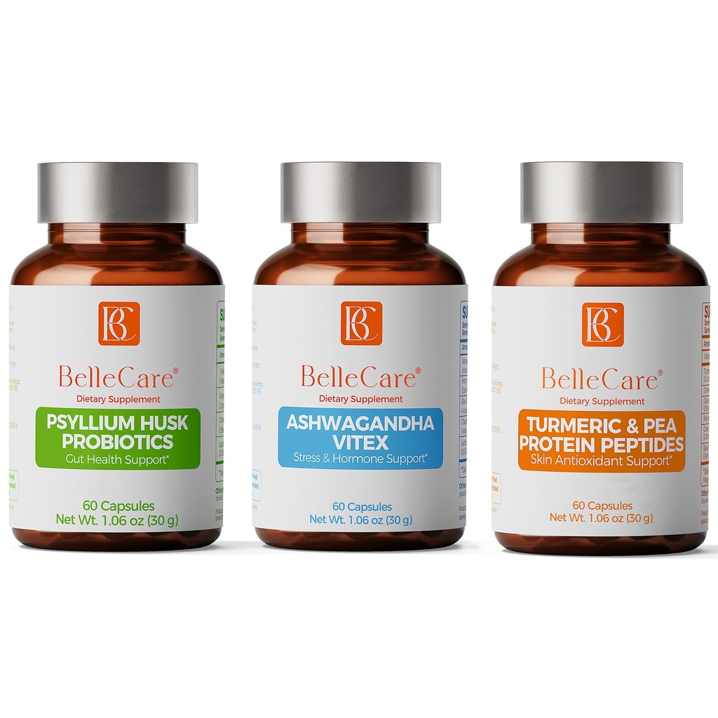 BELLECARE Turmeric Curcumin Capsules & Psyllium Husk Capsules & Ashwagandha Capsules