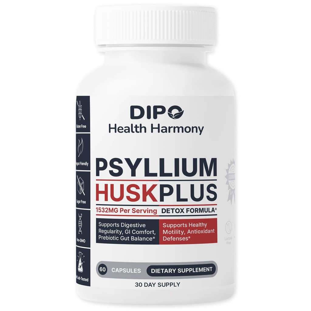 DIPO Psyllium Husk Capsules - Daily Soluble Fiber Supplement for Digestive Regularity, Gut Health & Bloat Relief. Advanced Complex with Aloe, Slippery Elm, Ginger & Inulin Non-GMO - 60 Capsules