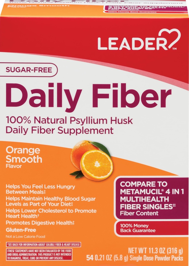 Leader Psyllium Husk Powder Supplement 4-in-1 Fiber for Digestive Health, Plant Based 100% Natural Psyllium Husk Daily Fiber, Sugar Free, Gluten Free, Non-GMO, 54 Singe Dose Packs