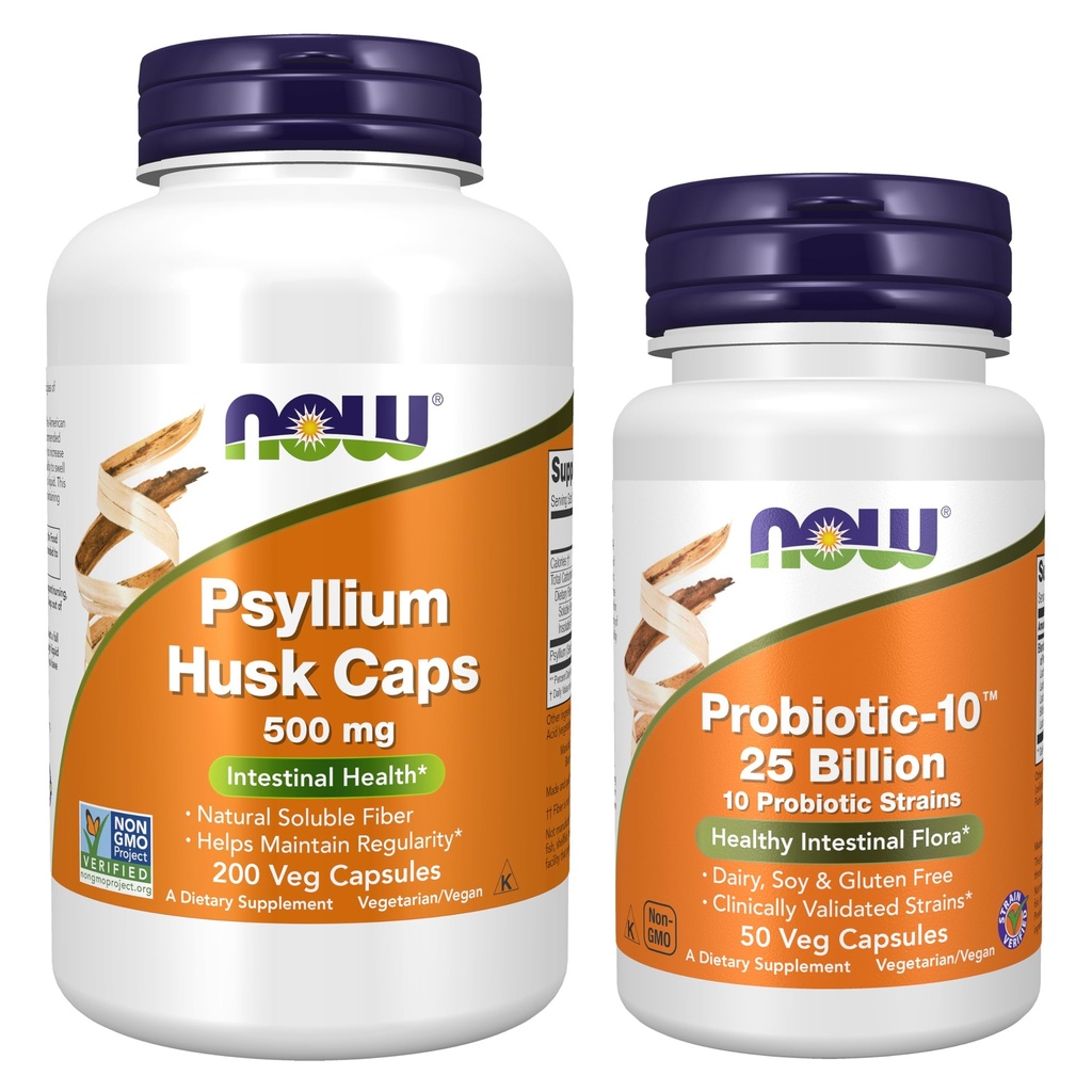 NOW Foods Digestive Health Bundle - Probiotic-10(TM) 25 Billion CFU - Digestive Probiotic for Women & Men 50ct + Psyllium Husk Capsules 200ct - Support Digestion, Gut Health and Regularity*
