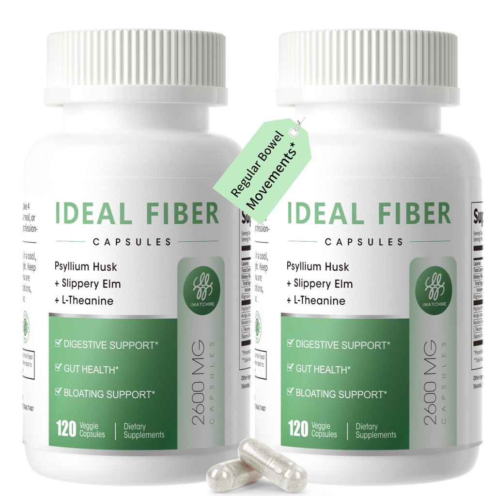 Fiber Supplement - Psyllium Husk Powder Capsules 1500mg & Slippery Elm- Regularity, Effortless Bowel Movements - Gentle Daily Fiber for Digestive & Gut Health -Natural Prebiotic Fiber,Non-GMO-120 Caps