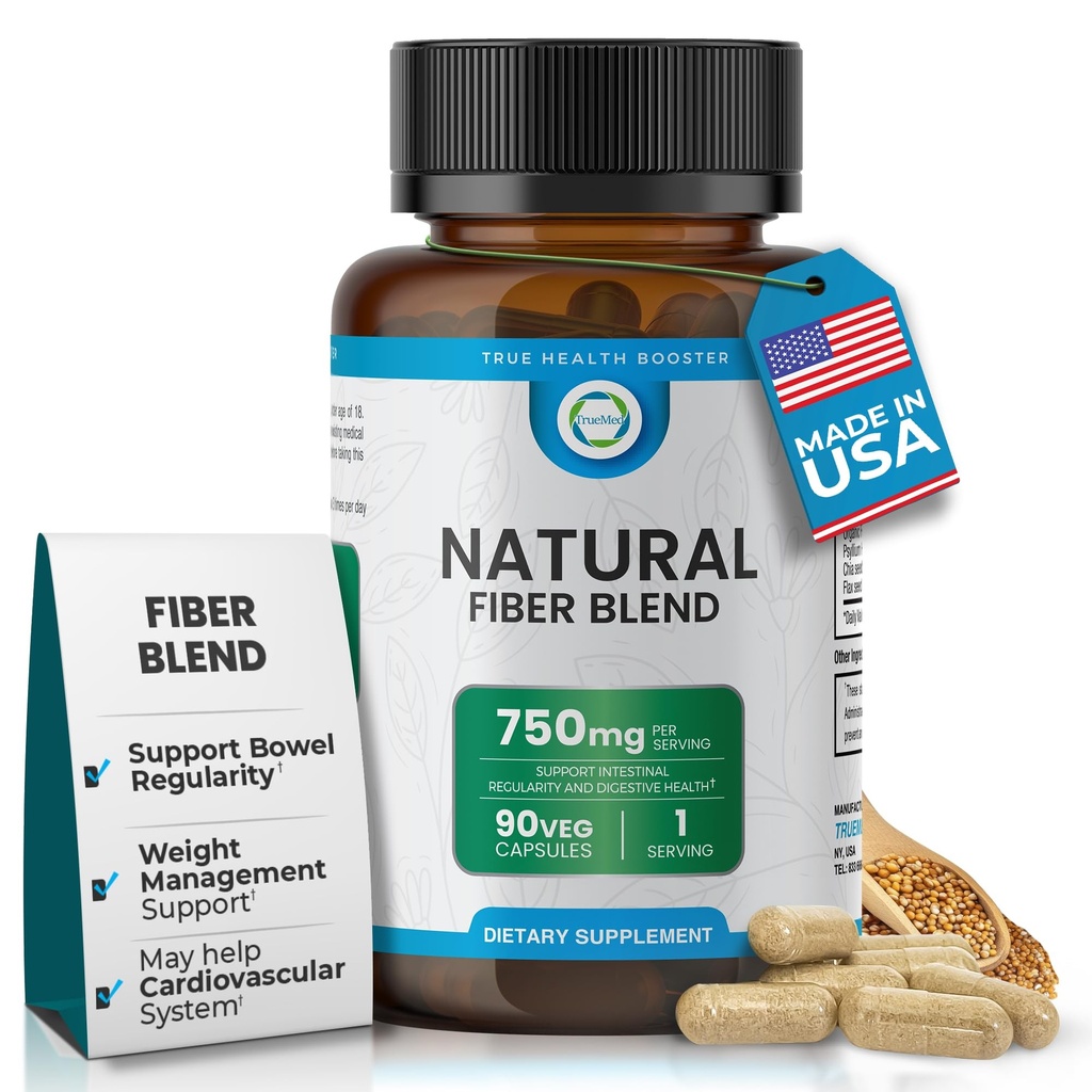 3-in-1 Fiber Supplement – 750mg Organic Blend with Psyllium Husk, Chia & Flax Seed – Plant-Based Fiber Capsules for Digestive Health & Cardiovascular Wellness – Made in USA – 90 Count