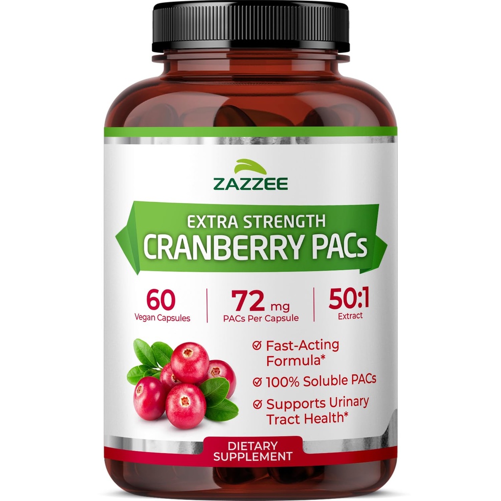 Zazzee Cranberry PACs 72 mg per Capsule, 50:1 Extract, 60 Vegan Capsules, 2X Strength, 2 Month Supply, Fast-Acting, Effective Urinary Tract & Bladder Support, 100% Soluble PACs, Made in the USA