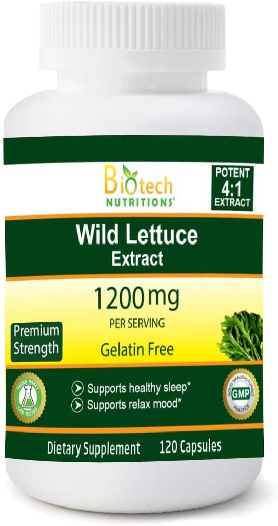Wild Lettuce Extract 1200 mg Serving 120 Vegetable Capsule Gelatin Free Made in USA Most Potent Lactuca Virosa Vegan and Non-GMO