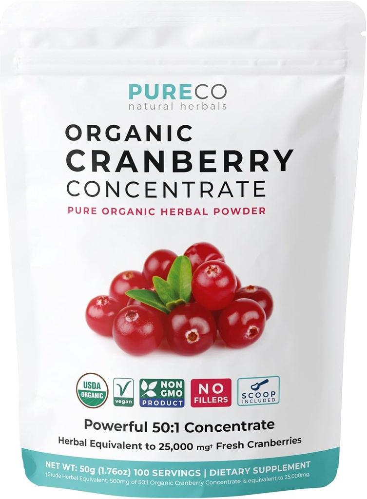 USDA Organic Cranberry Concentrate (50:1) Powder - 500mg is Ισοδύναμο με 25.000mg Fresh Cranberries - για Βιταμίνες Υποστήριξης Νεφρού & UTI - Γυναίκες - Συμπλήρωμα - 100 Σερβιέτες - Χωρίς Χάπια
