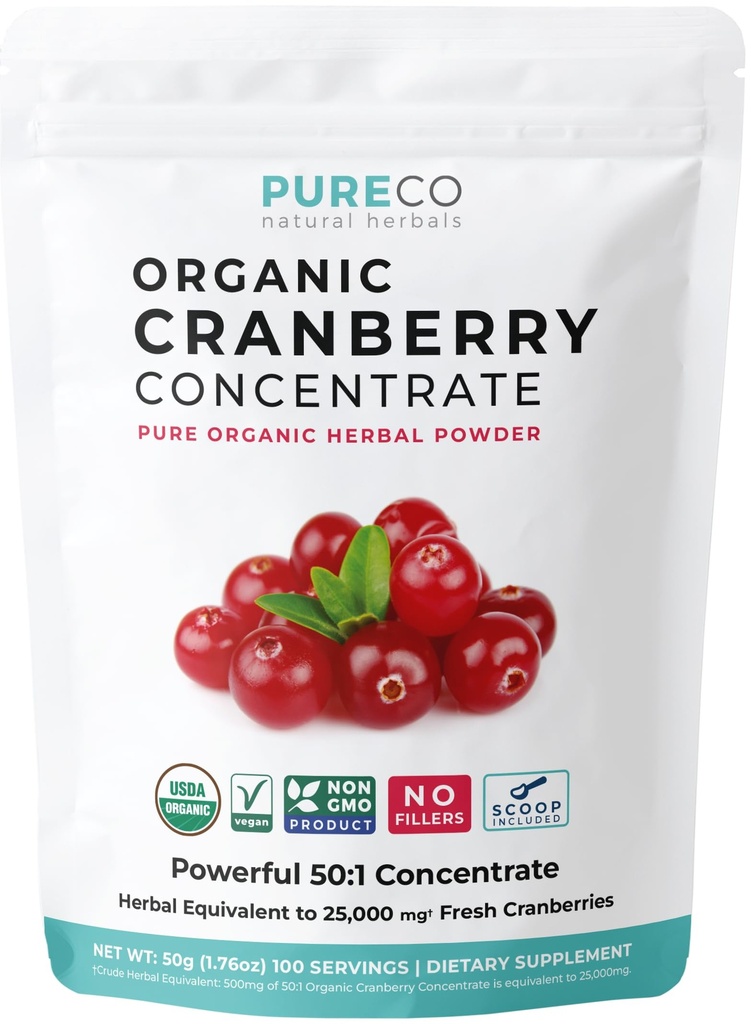 USDA Organic Cranberry Concentrate (50:1) Powder - 500mg is Ισοδύναμο με 25.000mg Fresh Cranberries - για Βιταμίνες Υποστήριξης Νεφρού & UTI - Γυναίκες - Συμπλήρωμα - 100 Σερβιέτες - Χωρίς Χάπια