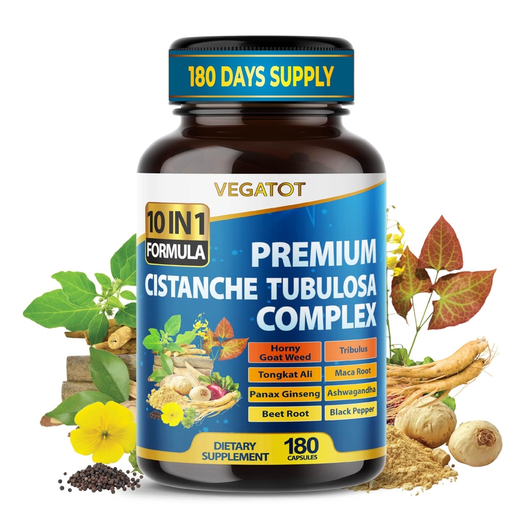 VEGATOT Organic Cistanche Tubulosa Complex – 10-in-1 Herbal Formula with Tribulus, Tongkat Ali, Maca, Panax Ginseng, Ashwagandha – 180 Capsules – Non-GMO, Vegan