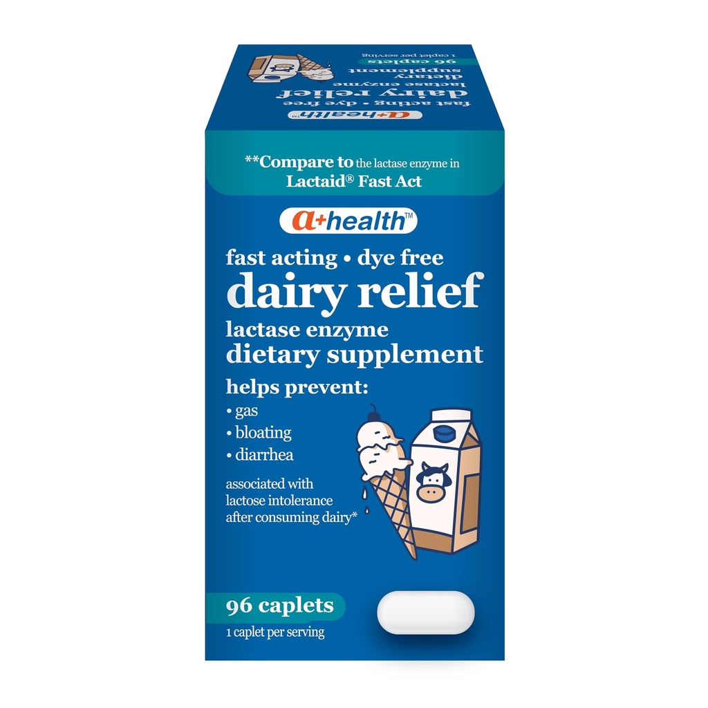 A+Health Dairy Relief Lactase Enzyme 96 Count, 9000 FCC Caplets, Fast Acting, Dye-Free, Dietary Supplement, Helps Prevent Gas, Bloating, Diarrhea Associated with Lactose Intolerance