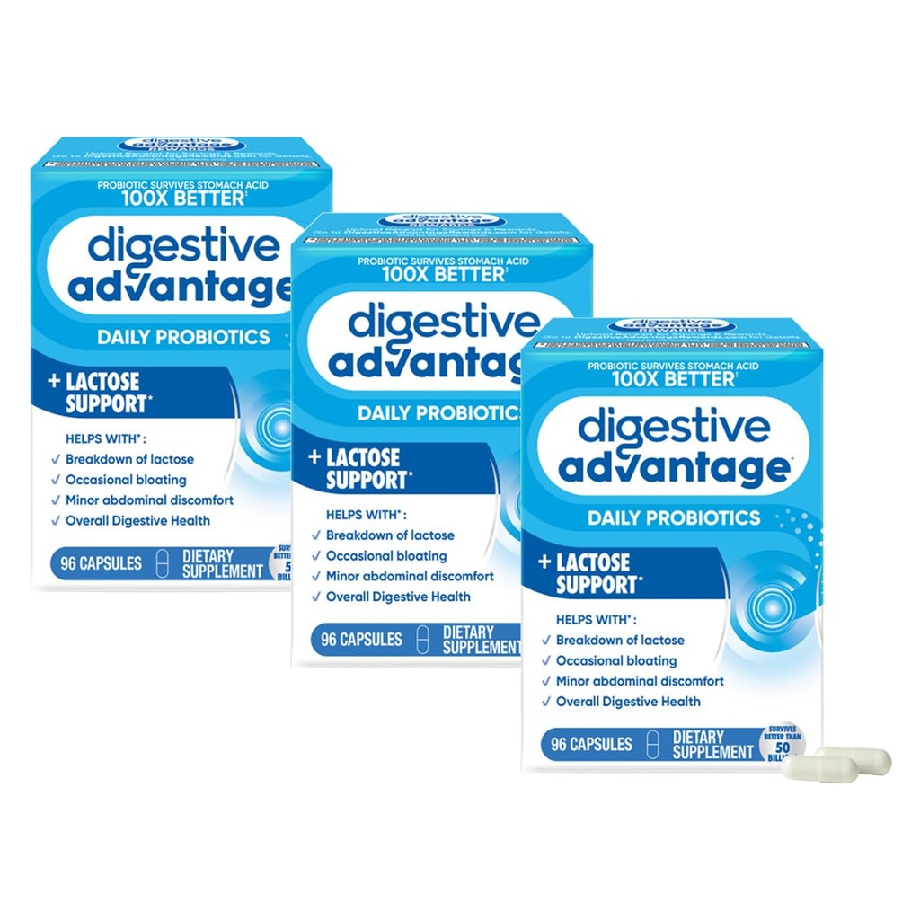 Digestive Advantage Lactose Defense Enzymes + Probiotics for Women & Men Occasional Bloating, Lactose Breakdown, Minor Abdominal Discomfort, Immune Support, 96 Count Capsules (3 Pack)