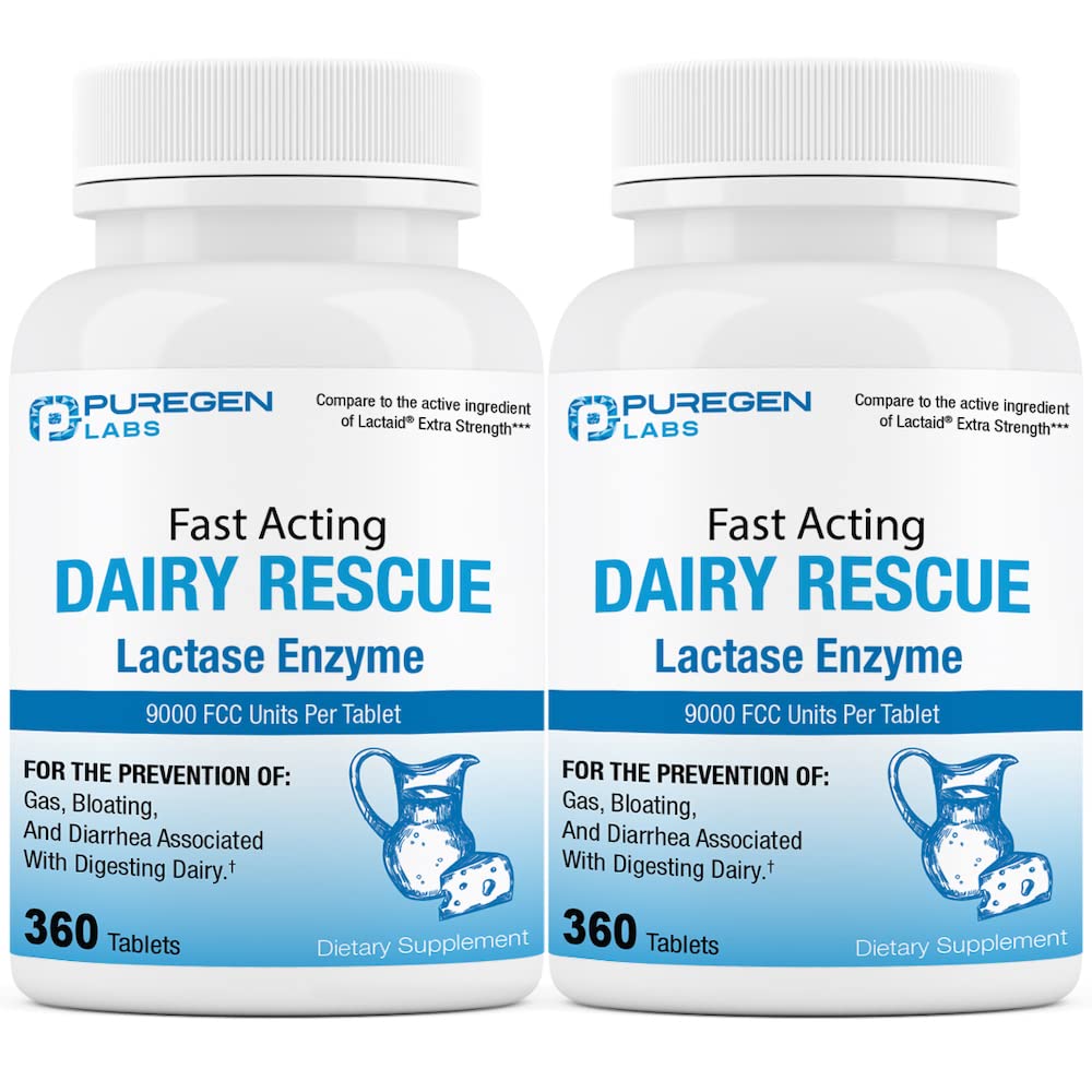 Puregen Labs Dairy Relief Fast Acting Lactase Enzyme 9000 FCC, Lactose Intolerance 720 Total Tablets