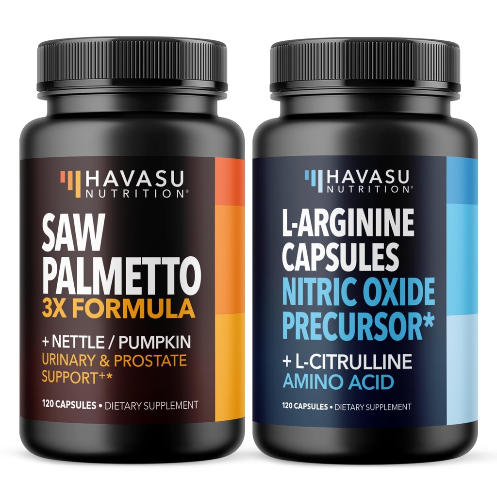 Saw Palmetto with Nettle & Pumpkin + L-Arginine with L-Citrulline Supplement Bundle for Men - Prostate Health & Nitric Oxide Production Bundle for Active Male Health - 60 Servings of Each