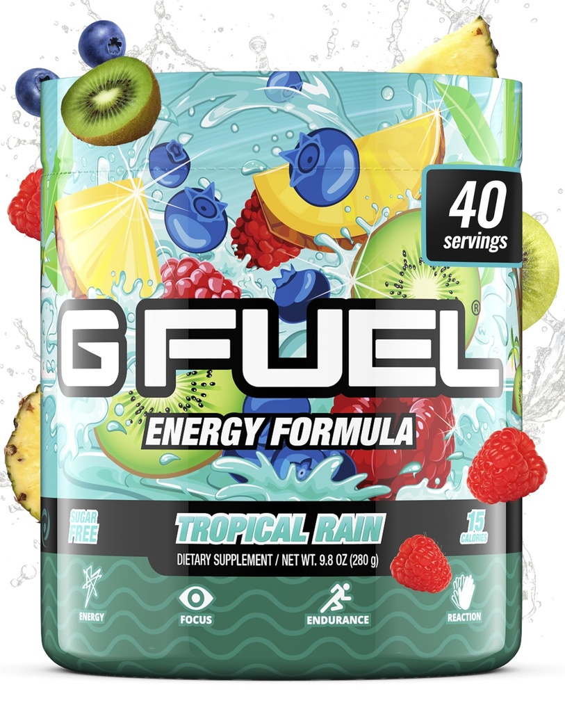Gamma Labs G Fuel Tropical Rain Energy Drink Powder, Pre Workout Caffeine Mix for Gaming, Sugar Free Focus Amino, Vitamin + Antioxidants, 9.8oz Fruit Medley, 40 Servings