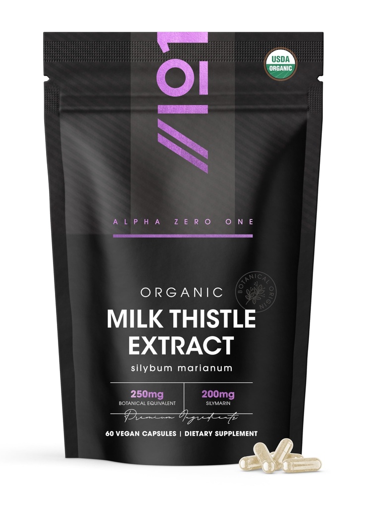 ALPHA01 Organic Milk Thistle Extract Capsules - 80% Silymarin Flavonoids (200mg) - 60 Count