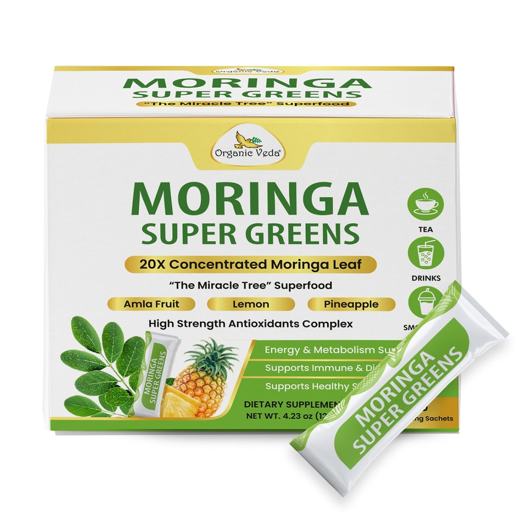 Organic Veda Moringa Super Greens, 30 Sticks Drink Mix Powder - 20 X Concentrated Moringa Leaf Powder Extract with Amla, Pineapple, Antioxidant Superfoods for Energy & Metabolism - Tea & Smoothie Mix