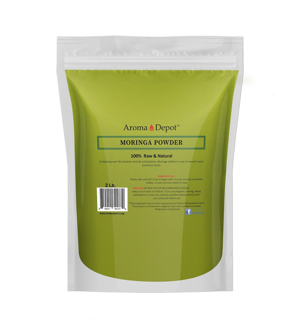 Aroma Depot 2 lbs Moringa Leaf Powder (Moringa Oleifera) – Raw, Vegan, Gluten Free, Non-GMO – Fine Green Powder for Smoothies, Tea & Cooking – Product of India