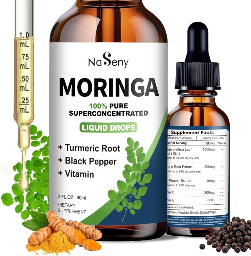 Organic Moringa Oleifera Liquid Drops, 1000mg Moringa Leaf Extract w. Turmeric, Black Pepper, Moringa Supplement for Energy, Antioxidant, Joint & Gut, Fast Absorption, Vegan, Non-GMO, 2 Fl Oz