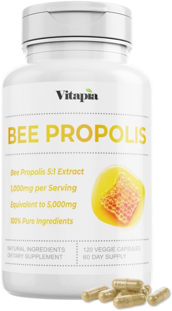 Bee Propolis Extract Κάψουλες 1000mg Συμπλήρωμα για την Ανοσολογική Υποστήριξη, Ζωτικότητα, Υγεία του δέρματος - Ισχυρές Πολυφαινόλες, Φλαβανοειδή, Αντιοξειδωτικά - 120 Count, Μη ΓΤΟ, Χωρίς Γλουτένη