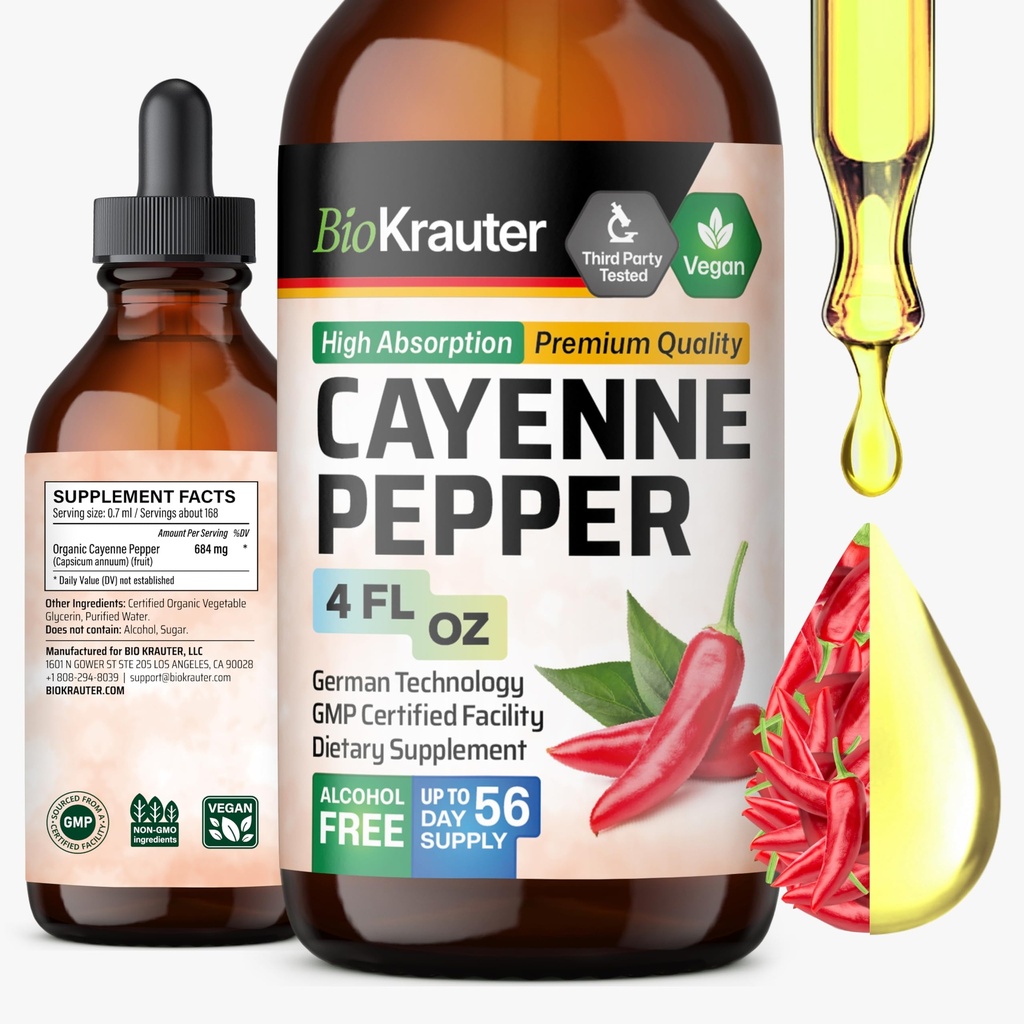 BIO KRAUTER Cayenne Pepper Extract Liquid - Pure Capsaicin Extract - Υγρό Cayenne Pepper Drops for Digestive Support - Ζάχαρη & Αλκοόλ Δωρεάν 4 Fl.Oz.