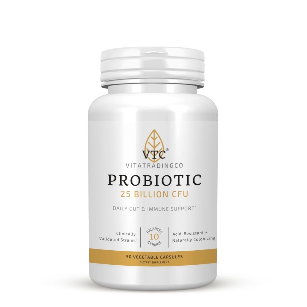 VTC VitaTradingCo. Probiotic 25 Billion CFU | 10 Clinically Validated Strains | Naturally Colonizing | Daily Gut, Digestive, & Immune Support | 50 Veggie Capsules