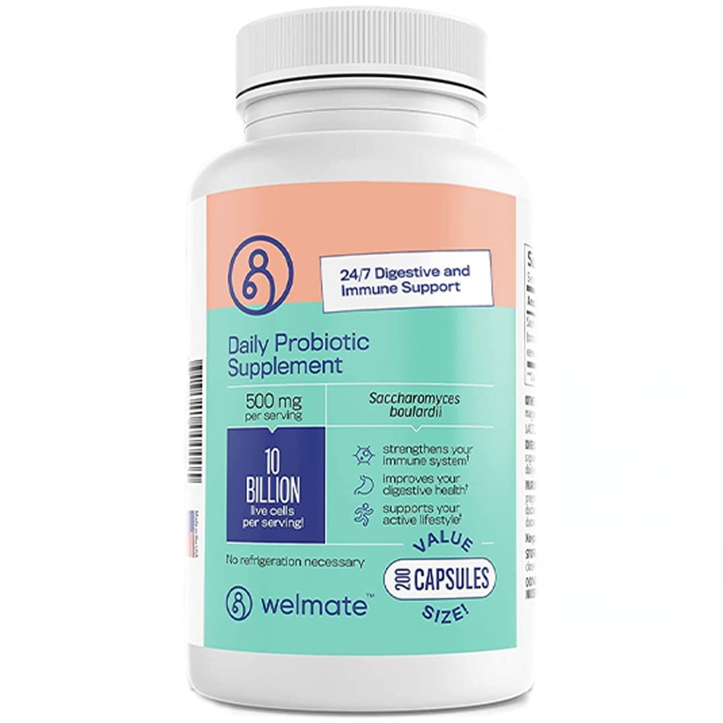 WELMATE - Daily Probiotic Supplement (200 Capsules) Saccharomyces Boulardii 500mg - 24/7 Digestive Support, Immune Support - 10 Billion CFU - Over-The-Counter Medication - Vegan, Gluten Free, Non GMO