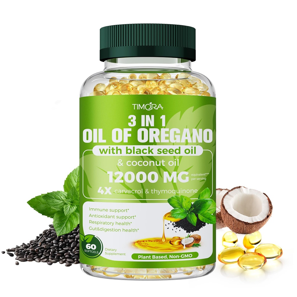 TIMORA 40:1 Oil of Oregano Softgels with Black Seed & Coconut Oil, 60 Count | 3-in-1 Formula for Digestive & Immune Support | Small, Easy-to-Swallow Capsules | Plant-Based, Non-GMO