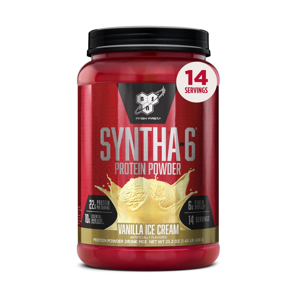BSN SYNTHA-6 Premium Protein Powder with 6g of Fiber, Whey Isolate, Micellar Casein, Milk Protein Isolate, 5g of Fat, Vanilla Ice Cream, 14 Servings, 1.45 Pound (Packaging May Vary)