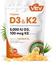 VEV Corefeel Βιταμίνη D3 K2, 5000 IU D3 100mcg K2 (MK 7), 300 Softgels, 2-σε-1 συμπλήρωμα βιταμίνης D & K με λάδι καρύδας, υποστηρίζει την απορρόφηση ασβεστίου και την υγεία των οστών, εύκολο να καταπιούν