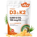 VEV Corefeel Βιταμίνη D3 K2, 5000 IU D3 100mcg K2 (MK 7), 300 Softgels, 2-σε-1 συμπλήρωμα βιταμίνης D & K με λάδι καρύδας, υποστηρίζει την απορρόφηση ασβεστίου και την υγεία των οστών, εύκολο να καταπιούν