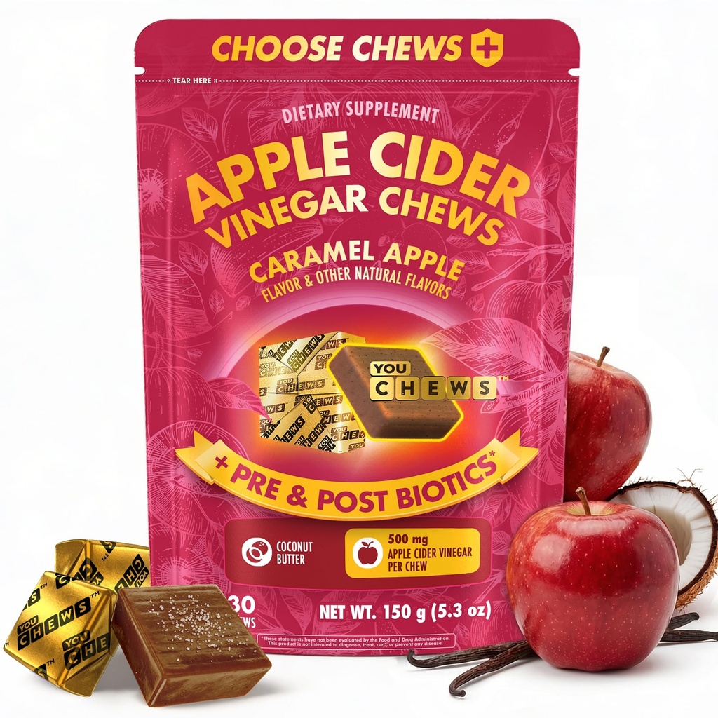 YouChews Apple Cider Vinegar Chews – 500 Mg Organic Apple Cider Vinegar Gummies with Prebiotics & Postbiotics | Gut Balance Support | Low Sugar Apple Cider Gummies | Caramel Flavor | 30 Chews Pack