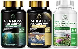 Sea Moss και Shilajit Bundle, κάψουλες γαϊδουράγκαθο γάλακτος για το συκώτι καθαρισμού Detox & Επισκευή, ενέργεια, αντιοξειδωτικό, ανοσοποιητική υποστήριξη