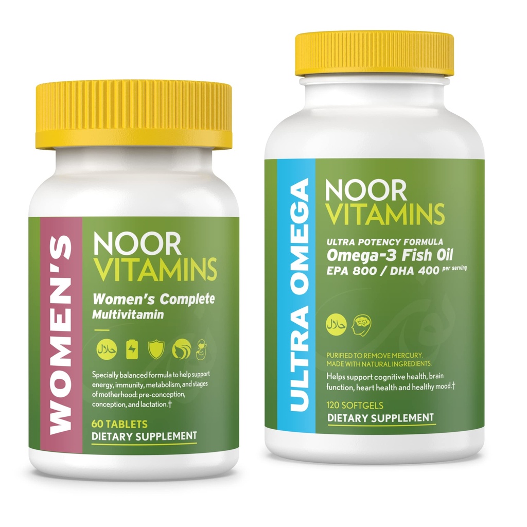 Noor Vitamins Women's Multivitamin and Omega Fish Oil Supplement Bundle