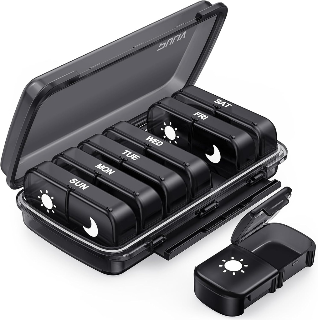 PULIV Weekly Pill Organizer 7 Ημέρα 2 φορές την ημέρα, Black Damp-Proof AM Pill Box 7 Ημέρα, Υπόθεση Χάπια με Φορητό Design, Μεγάλη Ιατρική Organizer για Βιταμίνες, Φάρμακα, ιχθυέλαια, Συμπληρώματα