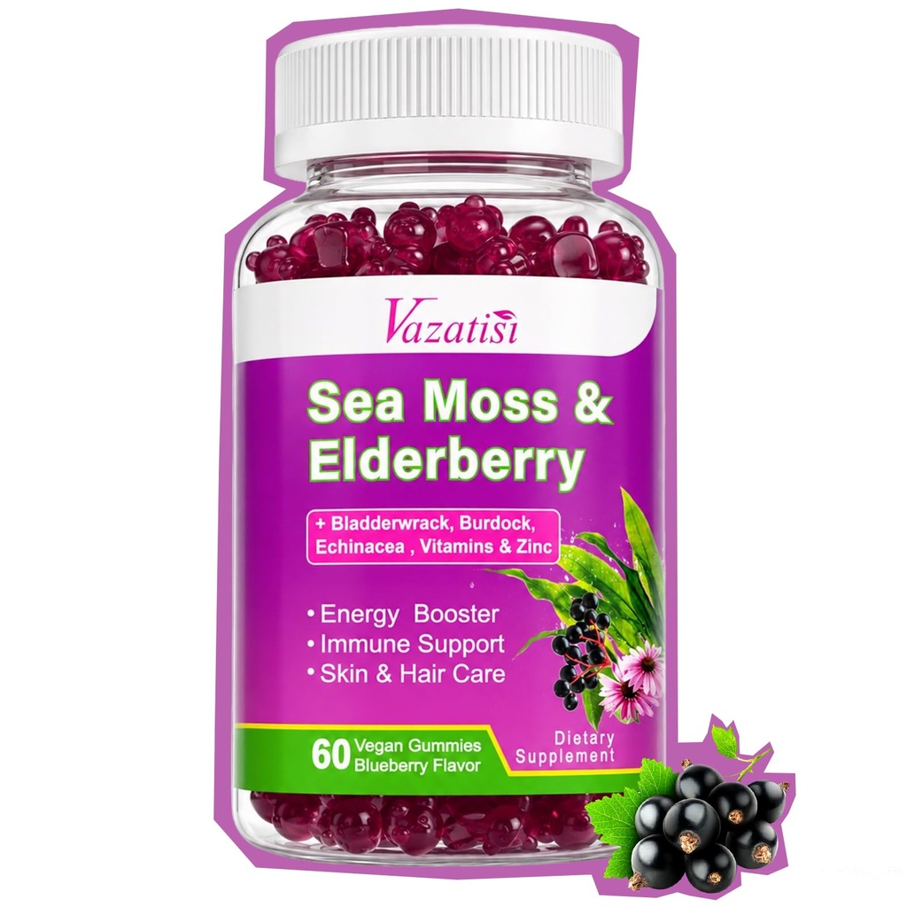 Elderberry Gummies with Sea Moss, Bladderwrack, Burdock, Echinacea, Apple Cider Vinegar, Chlorophyll, Vitamin C, D & Zinc Supplement for Women, Men, Adults and Kids, Blueberry Flavor 60Ct