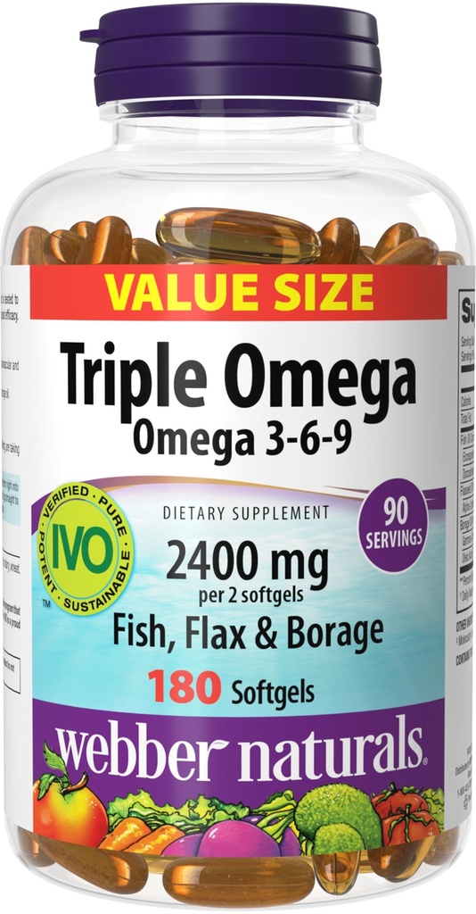 Webber Naturals Triple Omega 3 6 9, 2400 mg Fish Oil Per Serving, High Potency, 180 Softgels, No Fishy Aftertaste, Ultra-Purified, for Heart, Brain & Cardiovascular Health, Omega 3 Fish Oil