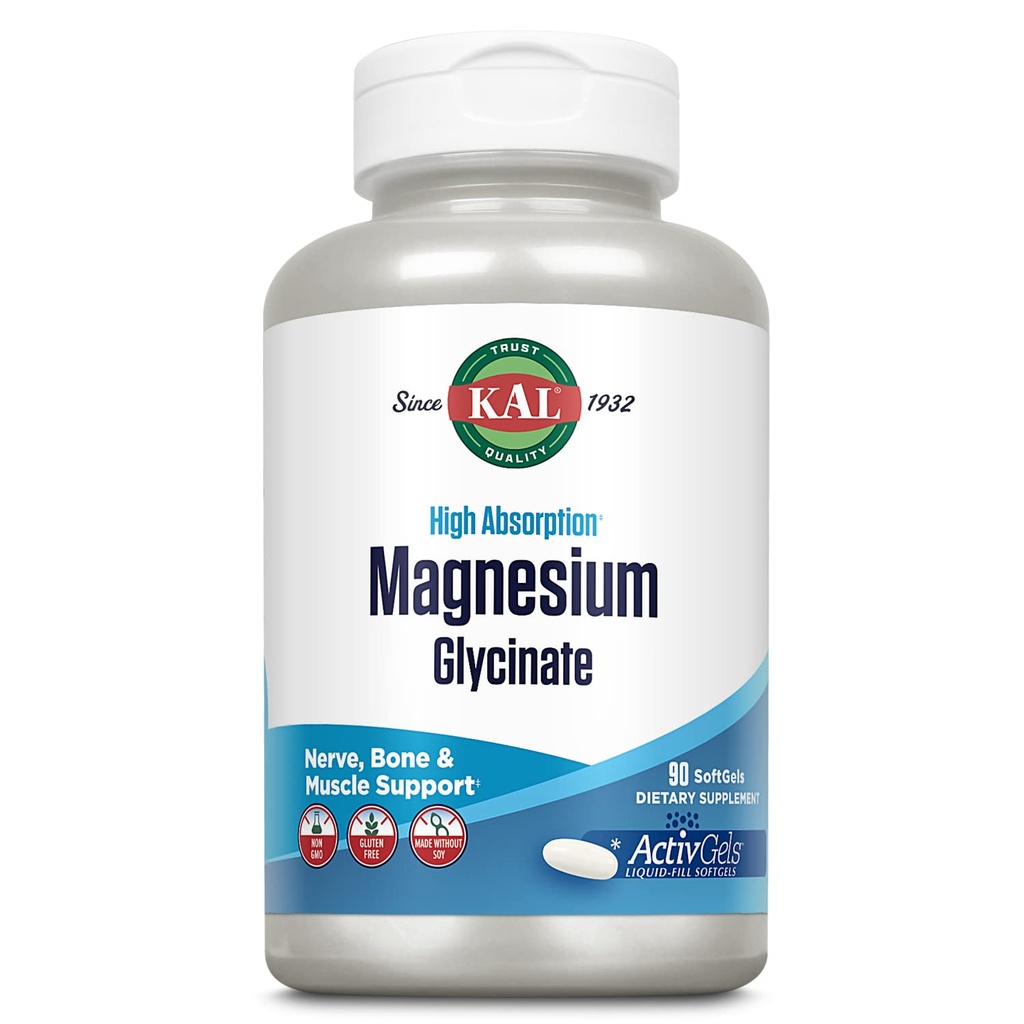 KAL Μαγνήσιο Γλυκινικό ActivGels 315mg, Υψηλή Απορρόφηση Συμπλήρωμα Μαγνησίου για την υποστήριξη των μυών, των νεύρων και των οστών, μη GMO, χωρίς γλουτένη, 30 υπηρεσίες, 90 Softgels