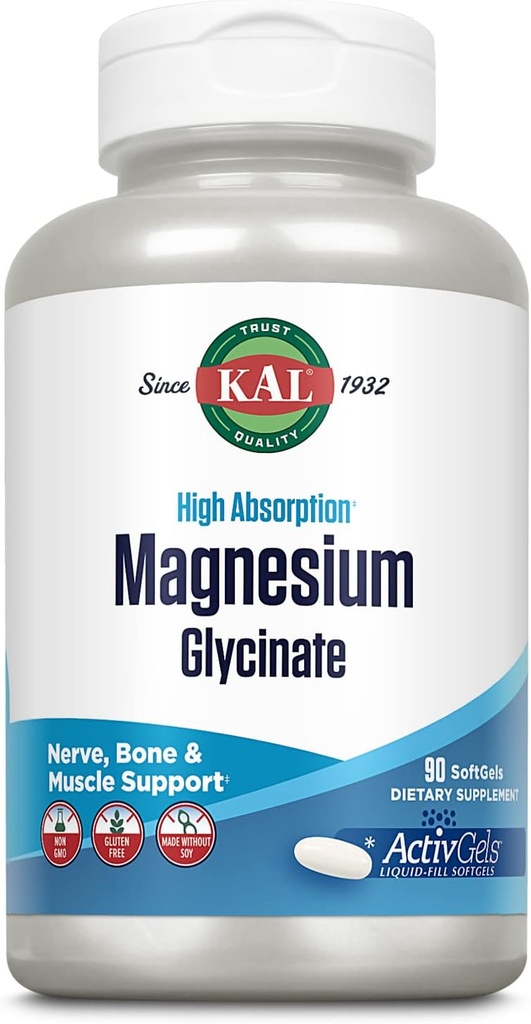 KAL Magnesium Glycinate ActivGels 315mg, High Absorption Magnesium Supplement for Muscle, Nerve & Bone Health Support, Non-GMO, Gluten Free, 30 Servings, 90 Softgels