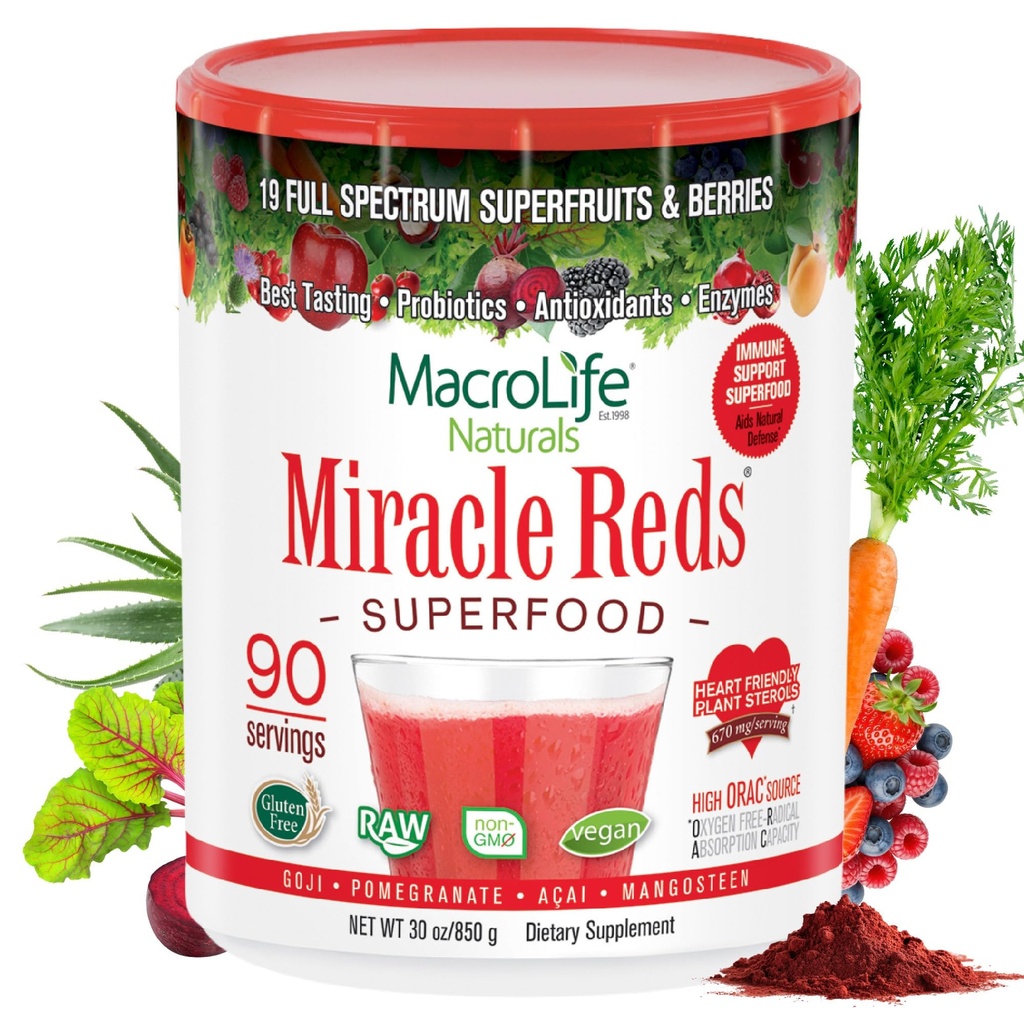 MacroLife Naturals Miracle Reds Superfood Supplement Κόνις Αντιοξειδωτικά Ένζυμα Πολυφαινολών Προβιοτικά - Ακατέργαστα μη ΓΤΟ Βιργίλιο Γλουτένη & Γαλακτοκομικά Χωρίς - 30oz (90 Servings) 30oz