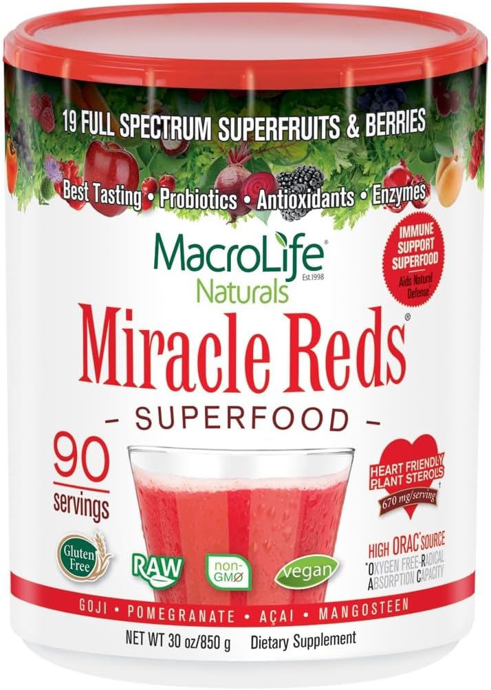 MacroLife Naturals Miracle Reds Superfood Supplement Κόνις Αντιοξειδωτικά Ένζυμα Πολυφαινολών Προβιοτικά - Ακατέργαστα μη ΓΤΟ Βιργίλιο Γλουτένη & Γαλακτοκομικά Χωρίς - 30oz (90 Servings) 30oz